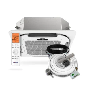The WT018GLSI24HLG is a 208–230V, 60Hz, 1Ph ductless unit using R454B refrigerant, designed for rooms sized 500–750 sq ft (minimum 51 sq ft). It delivers 18,000 BTU/h cooling (4,000–19,000 BTU/h range) with 23.0 SEER2 and 12.5 EER2 efficiency, and 19,000 BTU/h heating (4,000–21,000 BTU/h range) with 10.0/8.2 HSPF2 and 3.64/1.8 COP2. The unit has airflow from 394 to 735 CFM and sound levels from 34 to 50 dB(A), with moisture removal capacity of 110 pints per day.