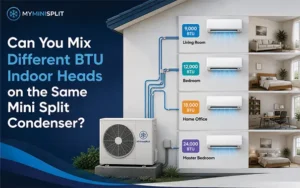 Different-size indoor heads connected to one multi-zone mini split condenser