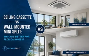 Ceiling cassette and wall-mounted mini split shown in two Florida home interiors