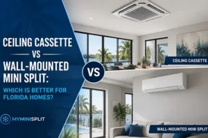 Ceiling cassette and wall-mounted mini split shown in two Florida home interiors