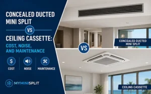Concealed ducted mini split with supply grilles beside a ceiling cassette in a finished living space