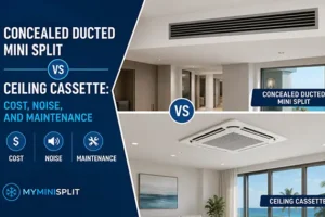Concealed ducted mini split with supply grilles beside a ceiling cassette in a finished living space