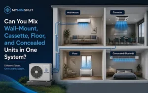 Mixed wall-mounted, ceiling cassette, floor console, and concealed ducted mini split indoor units connected to one outdoor condenser