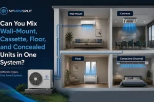 Mixed wall-mounted, ceiling cassette, floor console, and concealed ducted mini split indoor units connected to one outdoor condenser