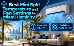 Wall-mounted mini split and hygrometer measuring indoor humidity in a Miami home