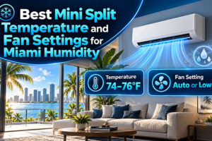 Wall-mounted mini split and hygrometer measuring indoor humidity in a Miami home