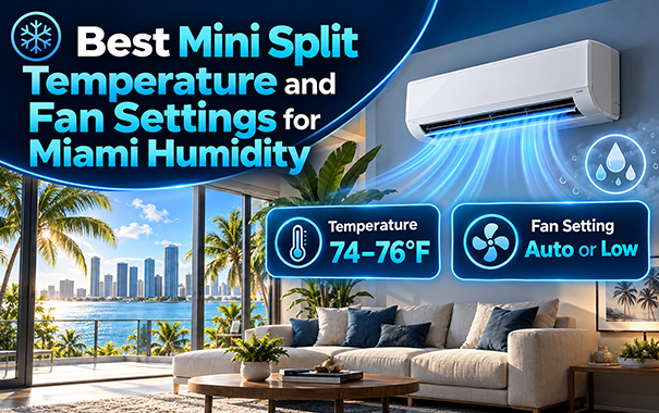 Wall-mounted mini split and hygrometer measuring indoor humidity in a Miami home
