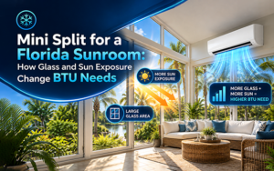 Florida sunroom with glass walls, afternoon sun, and a wall-mounted mini split