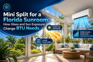 Florida sunroom with glass walls, afternoon sun, and a wall-mounted mini split