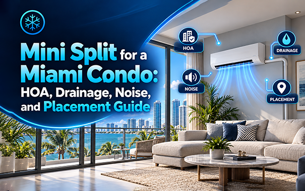 Mini split placement and condensate drainage plan for a Miami condo